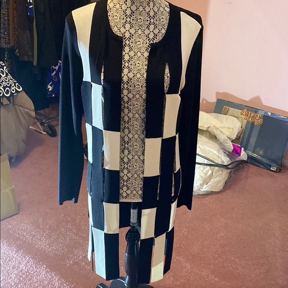 Sweaters - Joseph Ribkoff Chic Checkered Open-Front Cardigan with car wash design
